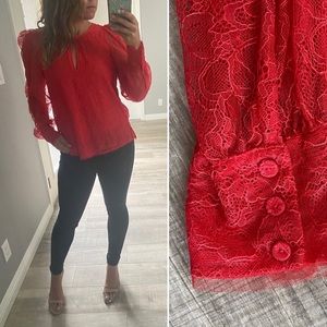 BCBGMaxAzria, red lace blouse, size medium. Good condition.